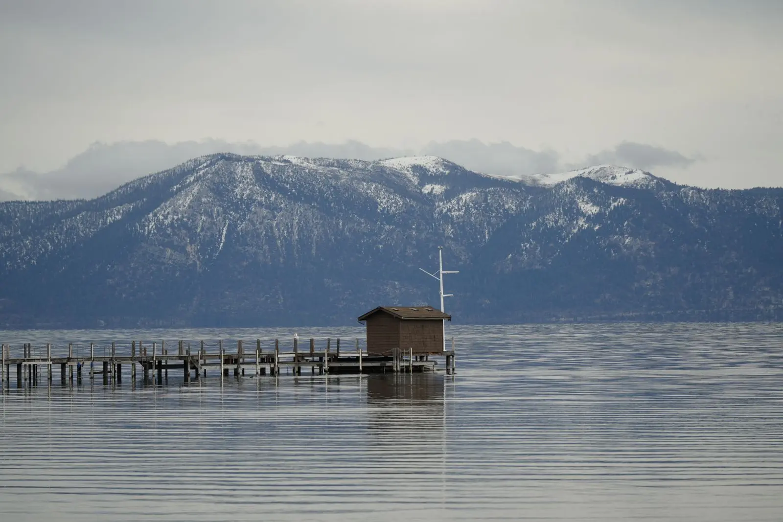 Snow-capped mountains over Lake Tahoe in winter