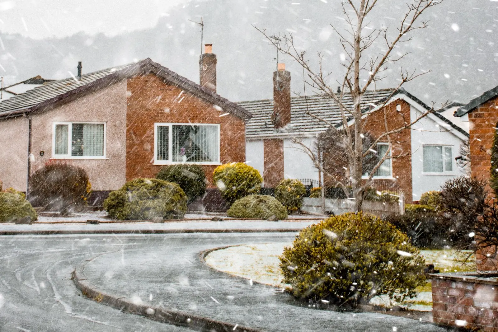 Snow falling on homes in a residential neighborhood